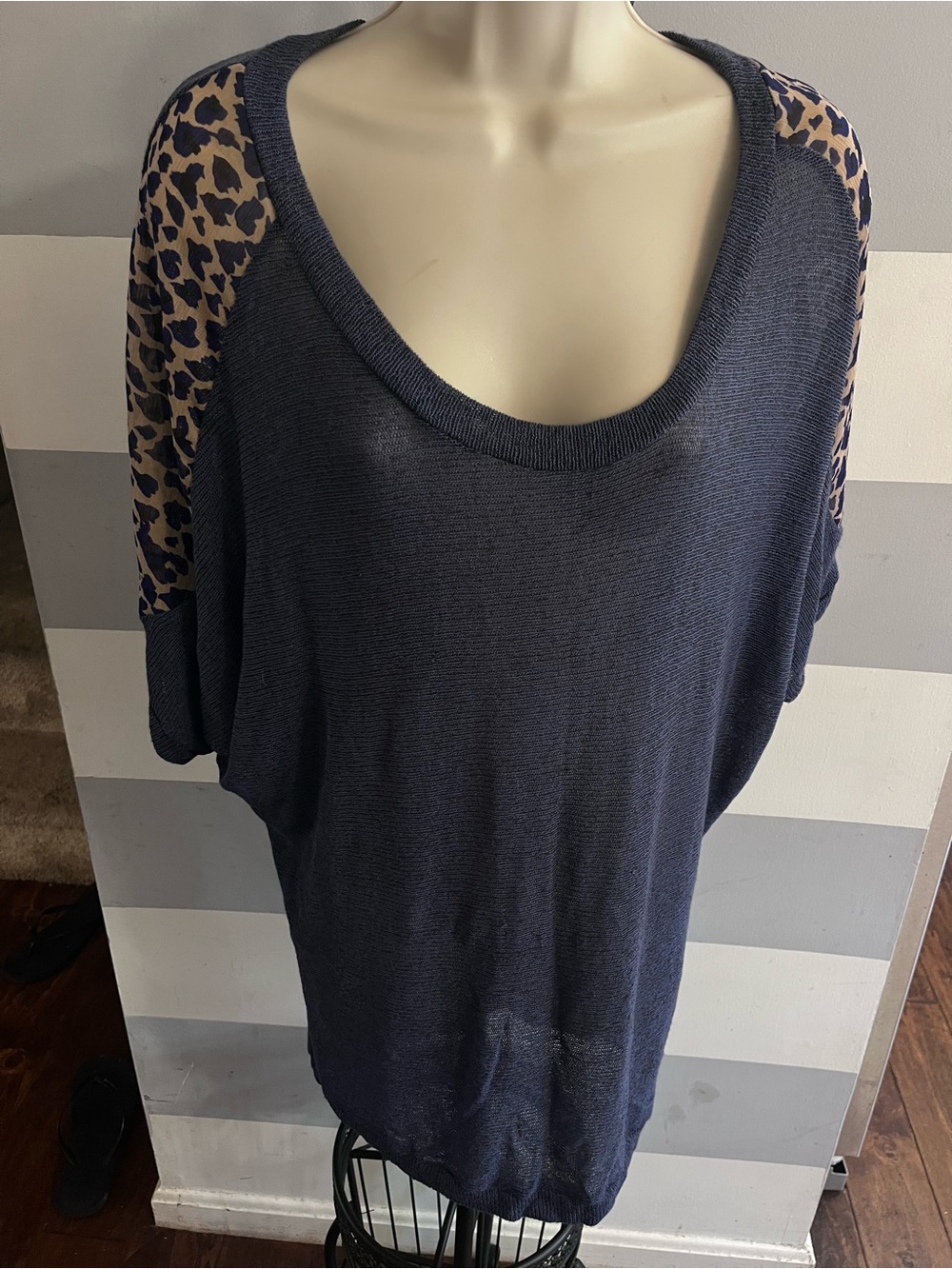 Navy Knit Top with Leopard Print Sleeves
